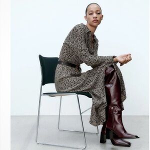 Zara Printed  Shirt Dress Black ecru Patterned Maxi Dress